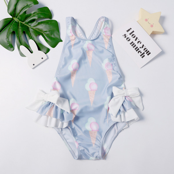 Kids swimsuits 2019 summer new girls colorful ice cream printed siamese swimming children Bows falbala backless SPA beach swimwear F3541