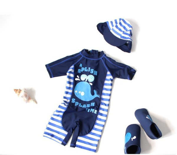 New Arrival Lovely Cartoon Whale Pattern Baby Boy Conjoined Swimwear with Swimming Cap/Beach Sunscreen Surfing Swimsuit 3079