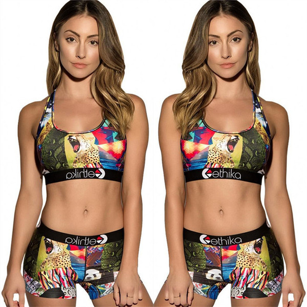 Women Ethika Tracksuit Summer Bikini Vest Crop Top +Shorts 2 Piecs Set Woman Crop Tops Shorts Swimsuit Animal Printed Cartoon Swimwear C6304