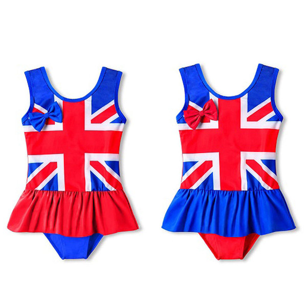 Girls One Piece Swimsuit Bow Stripe Sleeveless Flag Print Swimsuit American Flag Independence National Day USA 4th July Lotus Leaf Swim