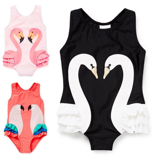 Baby swimsuit Swan print One Piece Swimwear Girls Flamingo Ruffle Bikini Summer Princess Beachwear Cap Set Kids bathing Suit sets CLS816