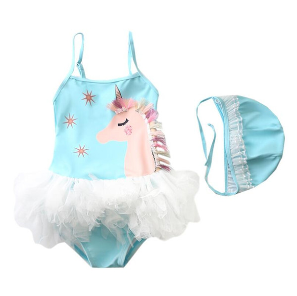 2020 new Unicorn girls swimsuits+hats 2pcs/set One-piece Kids Swimwear Girls Bikini Baby Swimwear Kids Bathing Suits Swim Suit