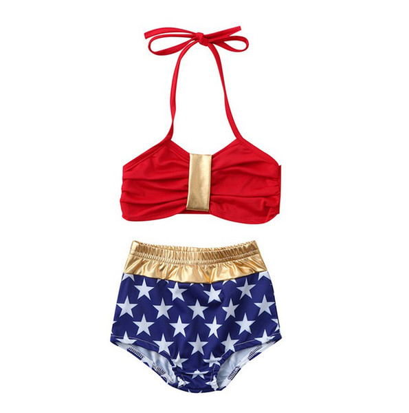 New 2PCS Summer Kids Baby Girl 4th of July Bikini gold star full print Swimwear Swimsuit Bathing Suit