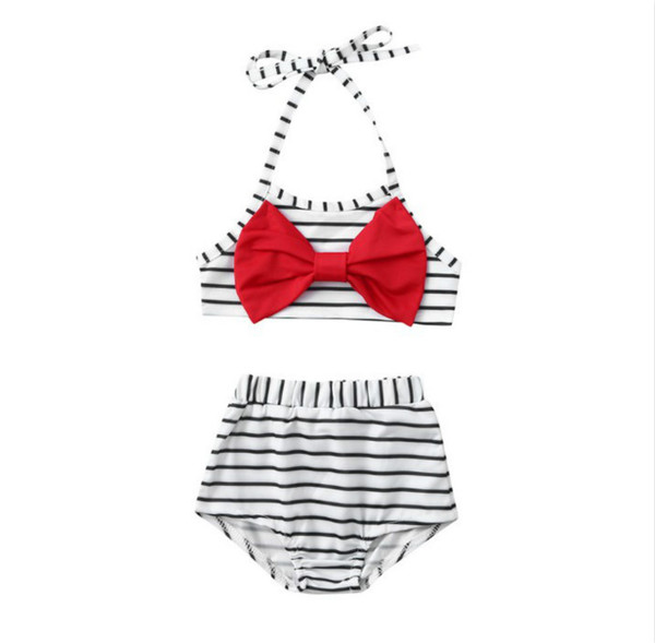 Girls Fashion Swimming Suits Baby Kids Designer Stripe Printed Sling Style Two Pieces Swim Clothing Set Casual Cute Bow Swimwear Hot Sell