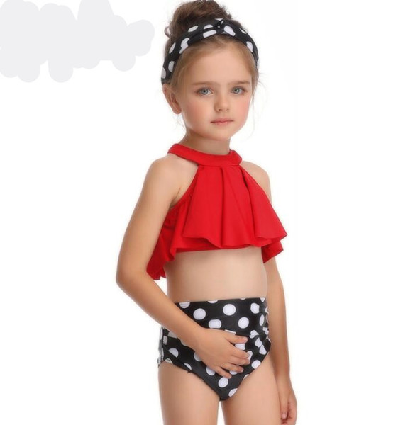 Girls Swimwear Two-Pieces Summer Children's Polka Dot Print Split Swimsuit 1-14 Years Old Girls Solid Color Swimsuit