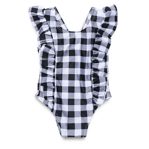 INS Girls plaid One Piece swimwear Infant Baby Girl Swimsuit summer check Ruffle sleeve children Swimming Romper Y1361