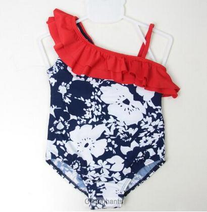 cute baby girl swimwear one piece red and deep blue flower print 2-7Y girls swimsuit kid/children swimming Sui