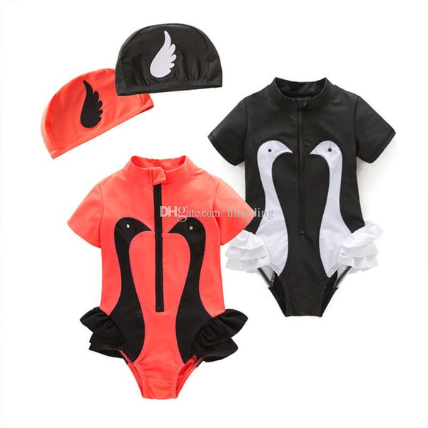 Girls Swimwear Swan One-piece with Caps 2-7T Swan zipper Cartoon Printing Swimsuit baby Swim Clothes C4401