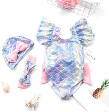 Kids Swimwear Mermaid Bikini Set Mermaid Tail Rompers Bowknot Headband Swim Caps Suits Girls Bodysuit Swimsuit Beachwear Suit CZYQ5629