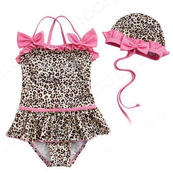 3 pcs Hot Beachwear Cute Girls Swimsuit Kids Swimwear One-piece Leapare Halter Dress + Hat YY028