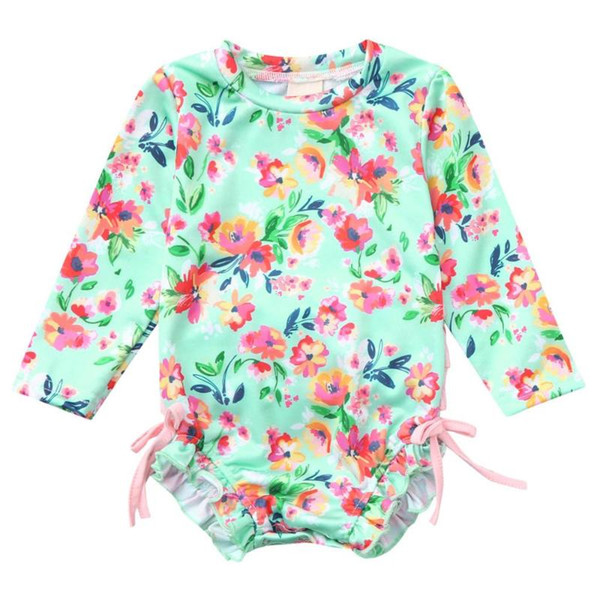 Toddler Baby Girls Kids Swimwear Floral Printed Bikini Swimsuit Long Sleeve Beach One Piece Bathing Beach Swimsuit Clothes