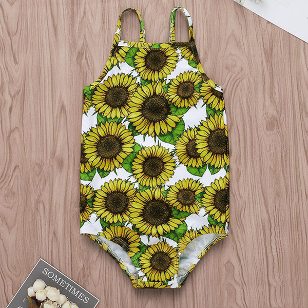 Baby Girl Swimwear Sunflower print Kids Girl Summer One-Pieces rompers Swimsuit flower print 4Size for 2-6T