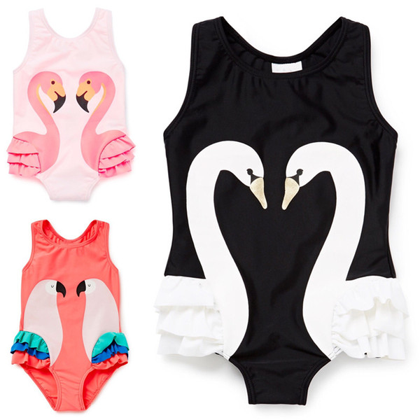 Summer Baby Girl Swimwear Flamingo Parrot Swan Pattern One-Pieces Swim with Hat 1-8Y Beach Girls Swimsuit Kids Children Swimming Costumes