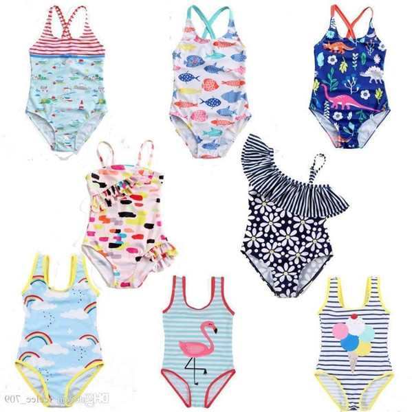 Children Swimwear Baby Girls Unicorn Flamingo Dinosaur Floral Rainbow Stripe Print Swimsuit 2019 Summer Fashion Bikini Kids One-pieces C6023