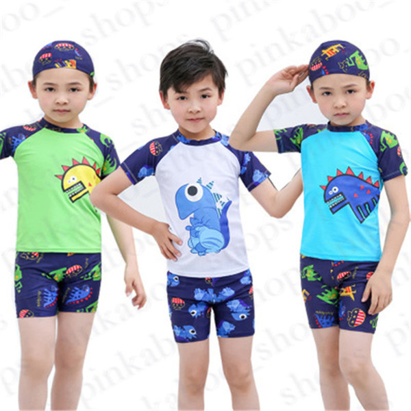 Kids Boys Swimwear Three-piece Suit Junior's Cartoon Dinosaur Printing T-shirt Tops+shorts+swimming Cap Clothing Sets Boy Bathing Suit LY311