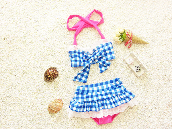 2pcs/Set Baby Girls Toddler Swimwear Plaid Bikini Kids Bathing Suit Two Piece Swimsuit Cute Girls Skirt Bikini Swimsuit With Swimming Cap