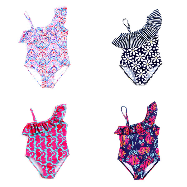 Ins 20 Styles 3-8Y Girls Bird Print Triangle Swimsuit One-Piecesuits One-Shoulder Swimming Bathing Suit Baby Kid Children girls Beachwear