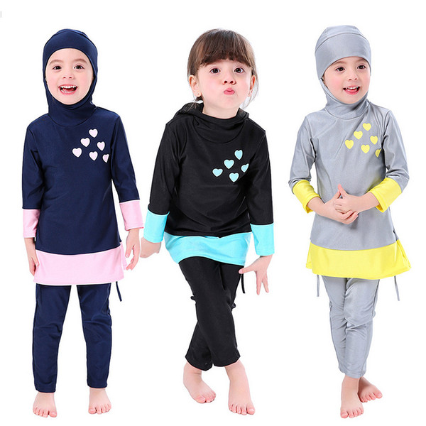 Girls Muslim Swimwears Islamic Children Long Sleeve Swimsuits Beach Wear Arab Swimming Diving Suitsconservative Skirt Hat Tops