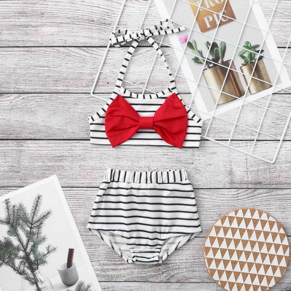 2020 Girls Fashion Swimming Suits Baby Kids Designer Stripe Printed Sling Style Two Pieces Swim Clothing Set Child Casual Cute Bow Swimwear