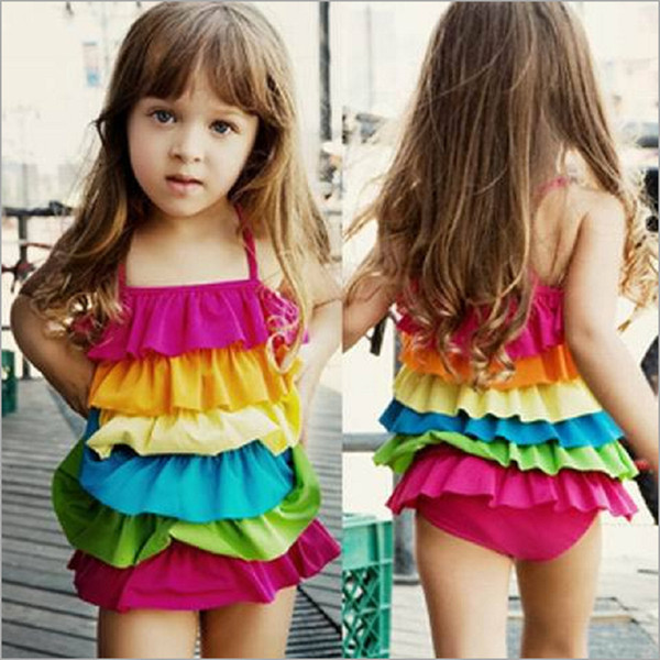 Children rainbow Ruffle Swimwear baby girls Six-layer lotus leaf edge one-piece swimsuit 2020 summer Sling Bikini Kids One-piece Z0527