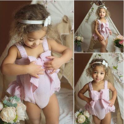 new arrivals baby girls children's seersucker fabric bow swimsuit kids boutique ruffle summer swimwear for little girl