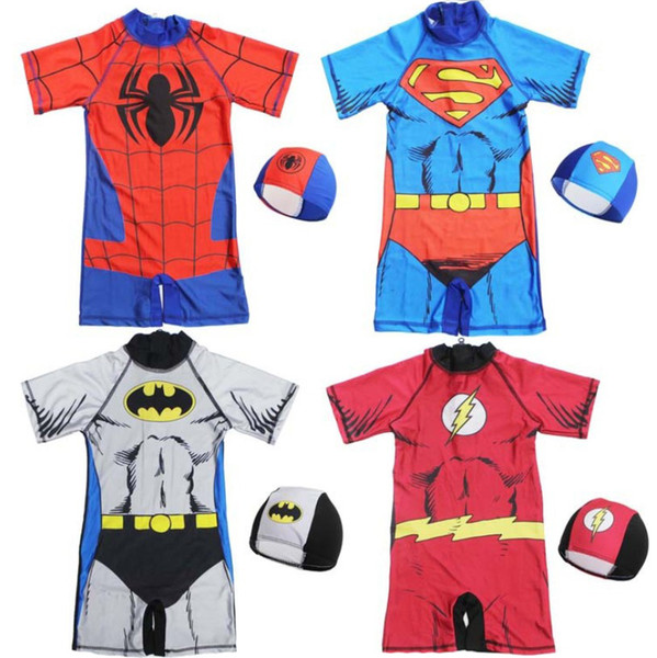 2-11 years baby boys one-piece swimsuit with cap spiderman Captain America Hulk Iron Man super hero children boy bathing suit kids swimwear