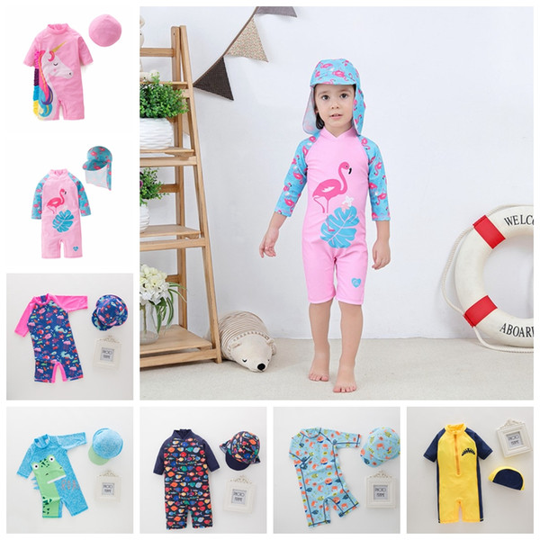 Top quality baby girls boys swimsuit 2-7 years children bathing suit kids one-piece beach clothes with caps fish unicorn shark cartoon style