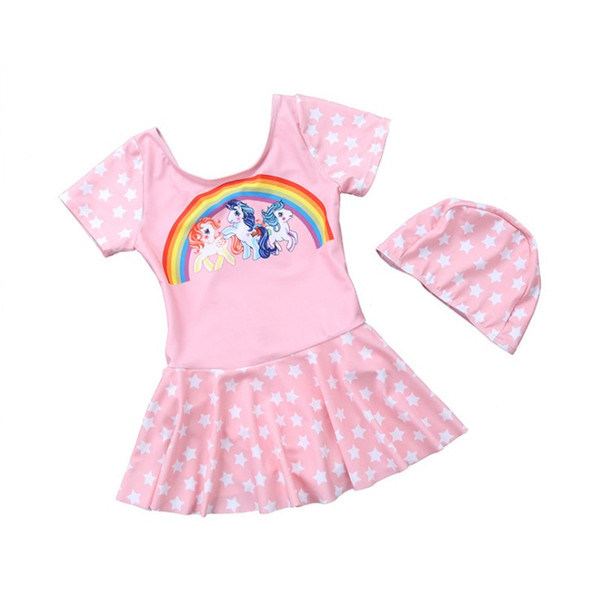 Baby girls one piece swimsuit rainbow unicorn cartoon cute baby girls swimwear children summer beach outfits with caps