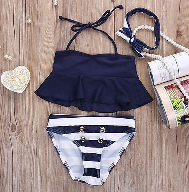 Summer children swimsuit girls stripe high waist double-breasted swimwear 3pcs sets kids spa swimsuit children beach swimsuit 7450