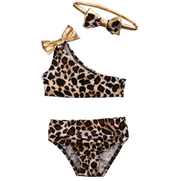 3pcs Kids Baby Girls Leopard Off-shoulder Bow Bikini Set Swimwear Swimsuit Bathing Suit Costume Clothing Free Shipping