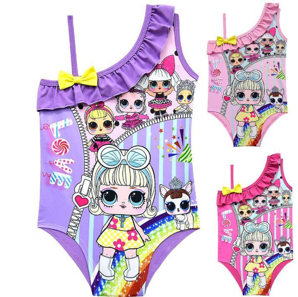 Cartoon Surprise Dolls Swimsuit Baby Girls Swimwear Summer Ruffle Bow Swimming Suit Kids Designer One Piece Beach Clothing CCA11313 20pcs