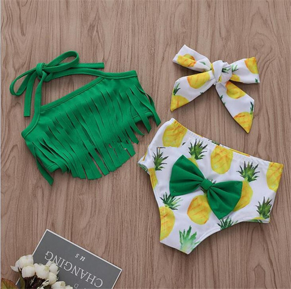 Children Swimwear baby girls Sling tassel top+pineapple print shorts with Bow headband 3pcs/set 2019 summer Bikini Kids Swimsuit B11