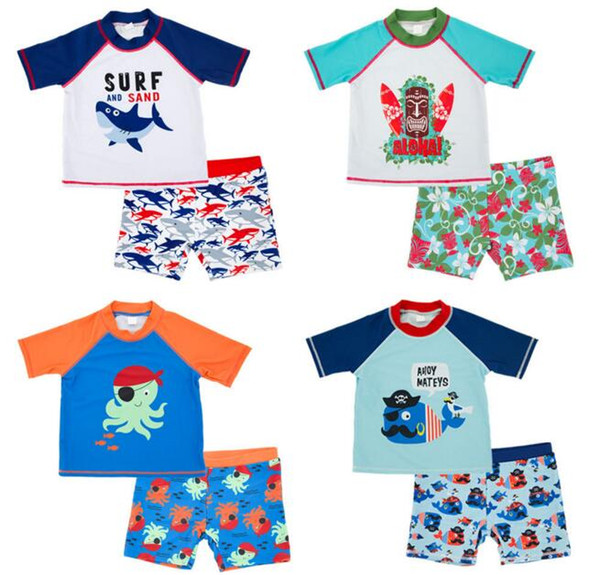 Ins fashion hot selling Boy kids two piece Set Swimsuit summer Boy cute Flower Sharlk Print Swimming clothes 4 styles free ship