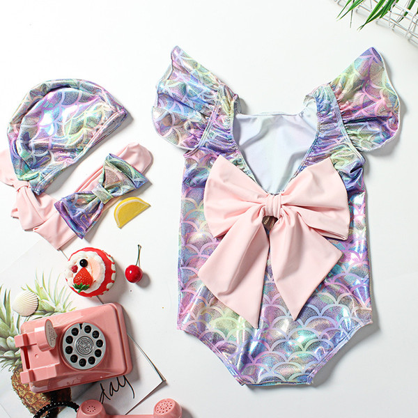 Kids Girl Mermaid Scale Swimwear One-piece Ruffle Sleeve Backless Big Bowknot With Hat Headband Swimsuit Bodysuit