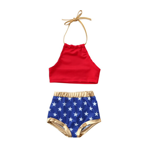 2019 Girls Swimwear Newest Two-piece Girls Swimming Clothing Suits Sleeveless Belt Tops Star Blue Shorts Girls Swimming 2pcs Bikini Outfits