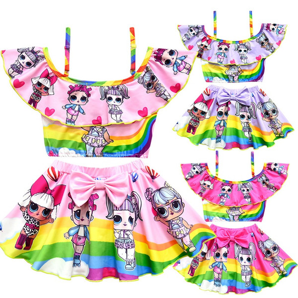 3 color New girls rainbow swimwear suit childrens lotus leaf sling floral printed tops+lutos leaf bow pants two-piece /sets H112