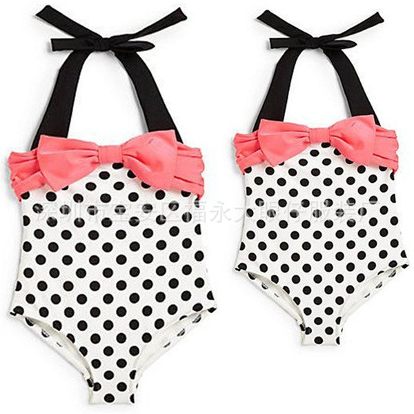 Ins Baby girl Swim wear Sweet Dots Bow Swimsuit One-piece Halter Kids Swimwear Beach clothing 2019 Summer 2-8years