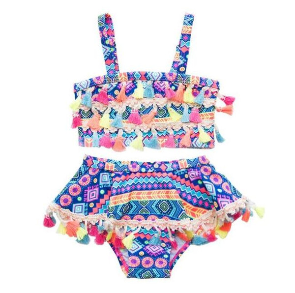 Baby Girl Swimwear Bohemia Tassel Swimsuit 2PCS Sets Children Bathing Suit Geometric Girls Bikinis Swim Clothes Summer Kids Clothing BY0822