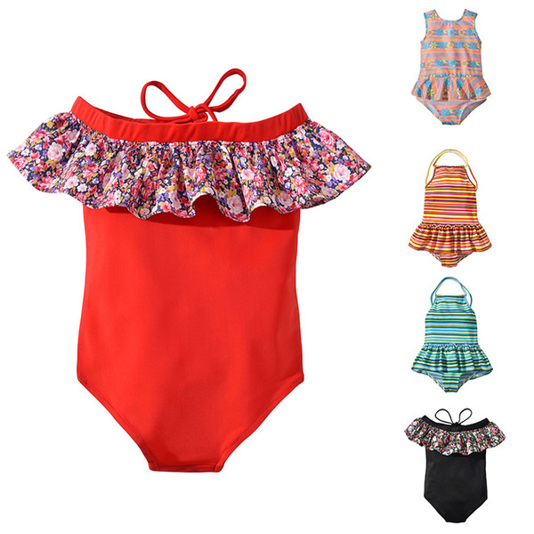 Children Striped Floral print Swimwear 2019 summer ruffle off shoulder Bathing Suit Bikini Kids One Pieces Swimsuit 5 colors C6387