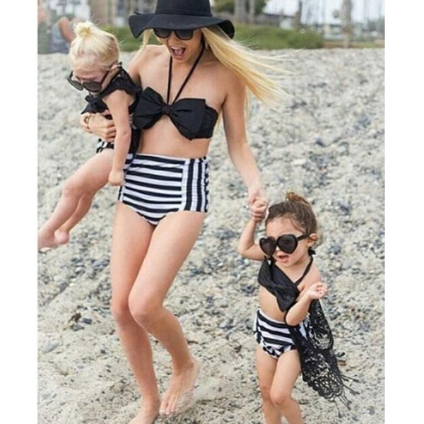 Summer Mother Daughter Matching Clothing Two pieces Swimsuits Big Bow Hanging Neck Tops+ Striped Briefs Mommy and me Matching Outfits