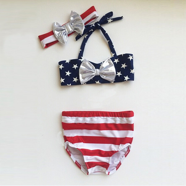 4th of july Toddler swimwear Baby Girls Bikinis Bow Headband US flag Striped kids 3PCS Swim clothes