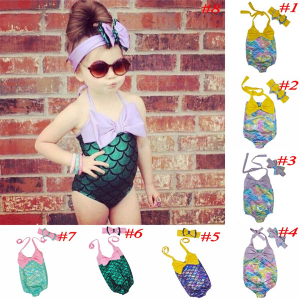 Mermaid Girl Swimsuit One-piece Kids Baby Fish Scale Swimwear With Bow Headband Cartoon Bathing Suits Swim Clothes