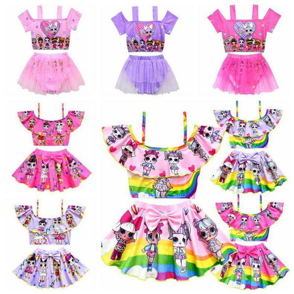 Cartoon Surprise Dolls Swimsuit Baby Girls Swimwear Summer Ruffle Bow Swimming Suit Kids Designer Beach Clothing 2pcs/set CCA11314 20set