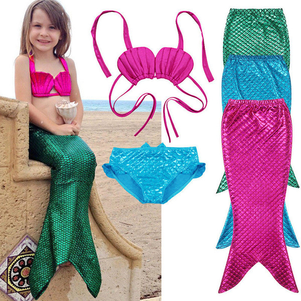 Mermaid Bikini 3PCS/SET Girls Kids Mermaid Tail Swimmable Bikini Set Swimwear Swimsuit Swimming Costumes OTH558