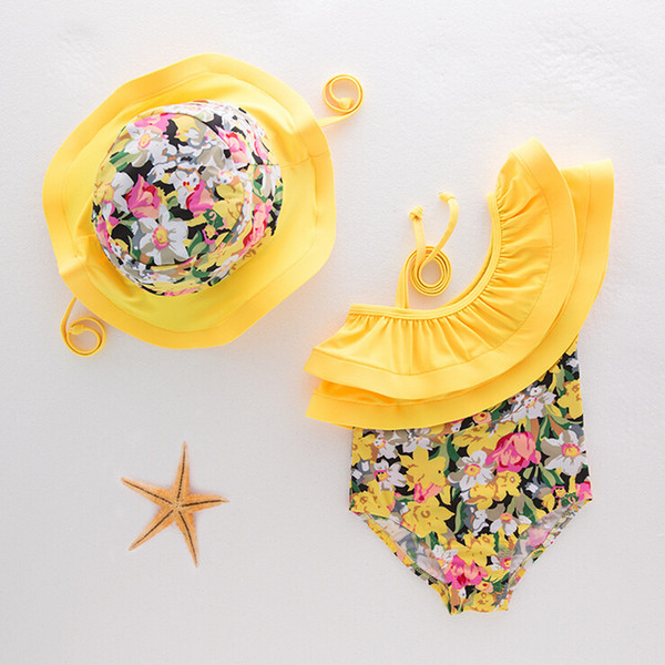 kids swimsuit 2018 INS new arrivals hot selling girl kids bikini summer Lotus leaf collar little flowers printed One-Pieces bikini+swim caps