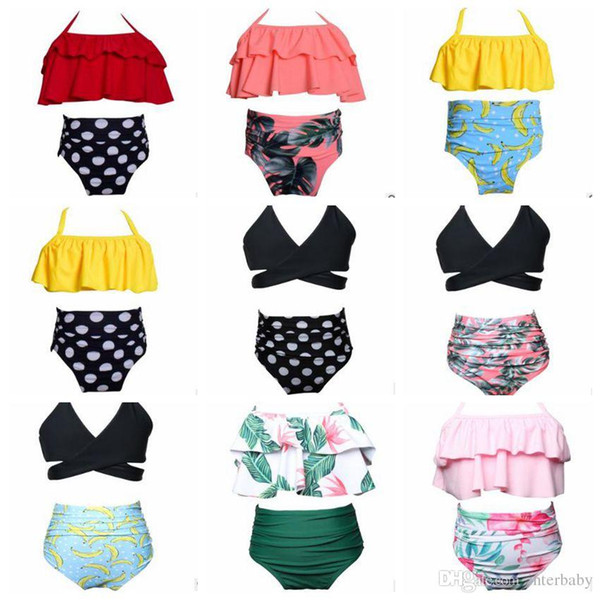 Girl Swimwear Kids High Waist Bikini Baby Print Falbala Swimwear Summer Fashion Bathing Suits Polka Dot Beachwear Kids Swim Clothes B4080