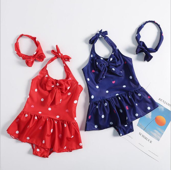 2019 kids swimwear Baby Swimsuit With hair Bow kid bikini ruffle Dot Heart One-Pieces Princess Bathing Suits Suit toddler beach bikini