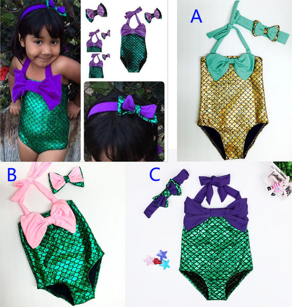 Girls mermaid tail Swimwear Hairband 2pcs suit DHL Mermaid Swimsuit Costume Girls Mermaid Swimsuit Bathing Swimwear Bowknot Bikini Suit B001