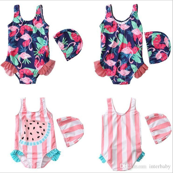 Kids Swimwear Swan Ruffle Girls Bikini Swim Caps Baby Flamingo Floral Swimsuit Cartoon Striped Bathing Suit Tankini Fashion Rompers B5206