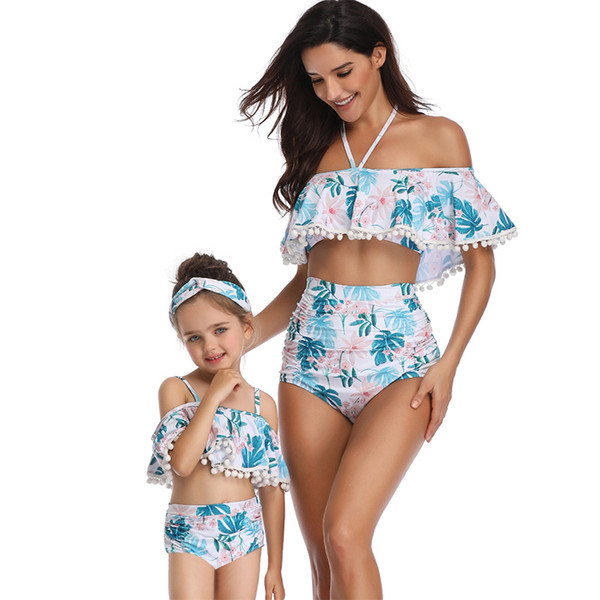 Parent-Child Swimsuit Designer Swimsuit Printing High Waist Bikini Floral Sling Solid Solor Sling Two-Pieces Swim Suit 49